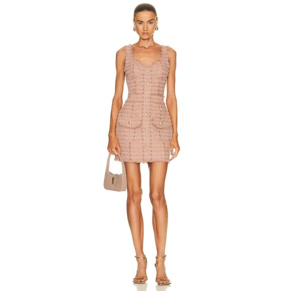 BALMAIN Strapped Short Dress Nude Tweed Buttons